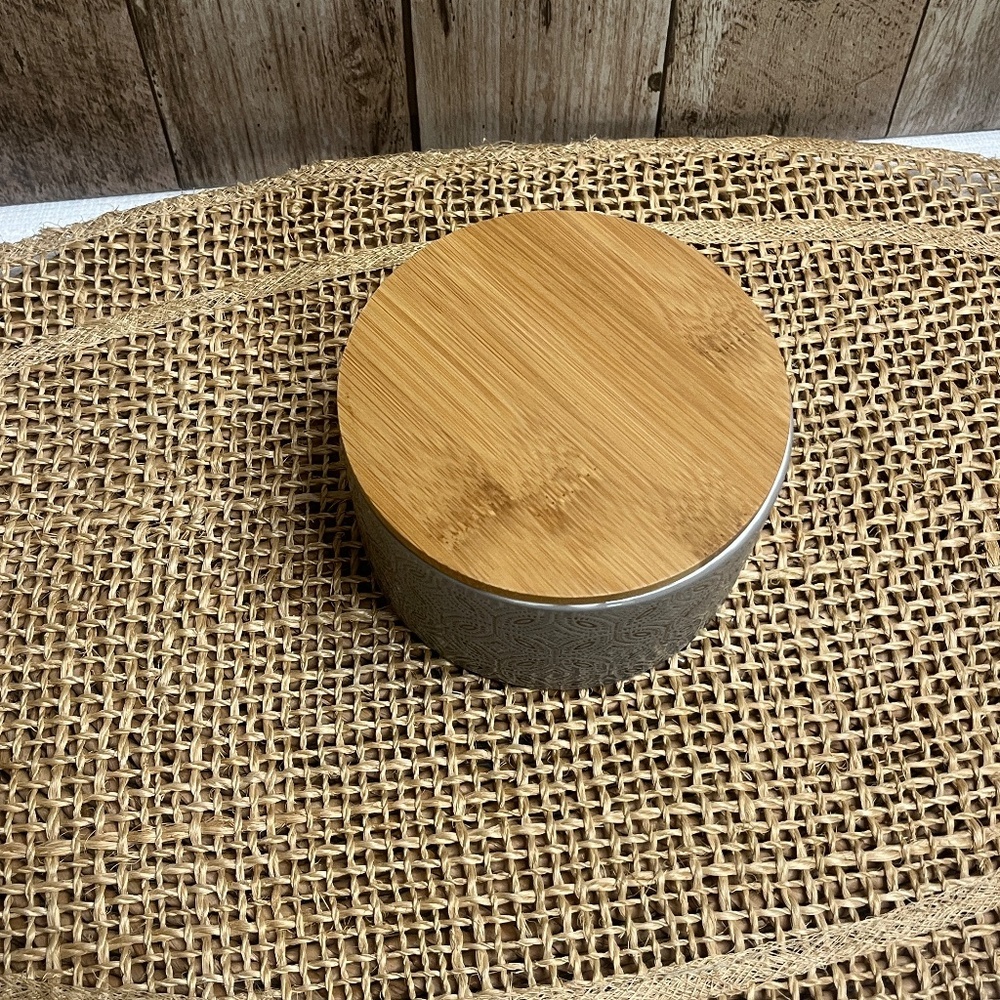 Gray Embossed Ceramic Storage Jar with Bamboo Lid | Modern Bathroom Kitchen Cani - Picture 6 of 6